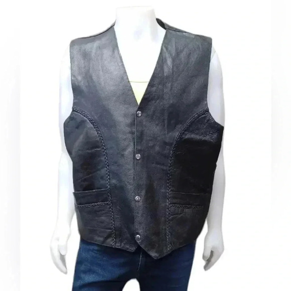 Adnan Black  Leather Motorcycle Vest Size 56 - Picture 2 of 11